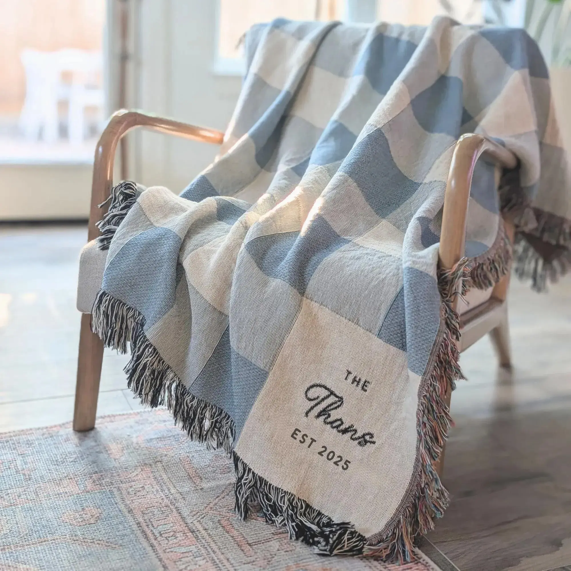 Custom Woven Throw Blanket | Modern Checkered, Unique Gift for Wedding Engagement Cotton Anniversary Keepsake, Family or Couple Last Name