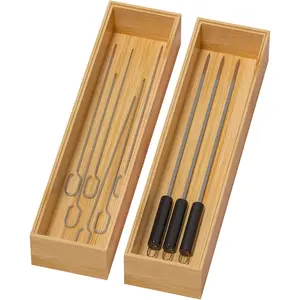 Bamboo Drawer Organizer, Narrow Stackable Cutlery Tray for Kitchen, 2 Pcs Silverware & Utensil Storage Box, Outer Size 12" x 3" x 2", Inner Size 11.3" x 2.3" x 1.77"