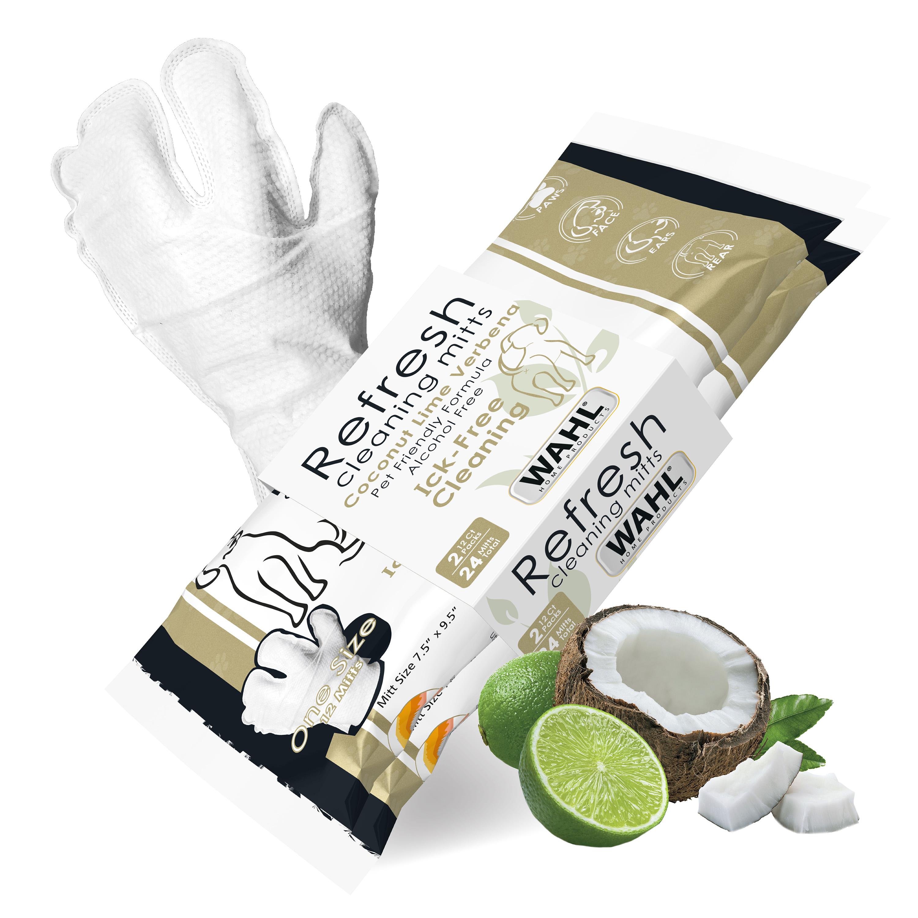 Wahl Refresh Cleaning Mitt Dog Wipes for Ick-Free Cleaning of Dog Paws, Face, Ears and Butt - Coconut Lime Verbena Scent – 24 ct - Model 3027121