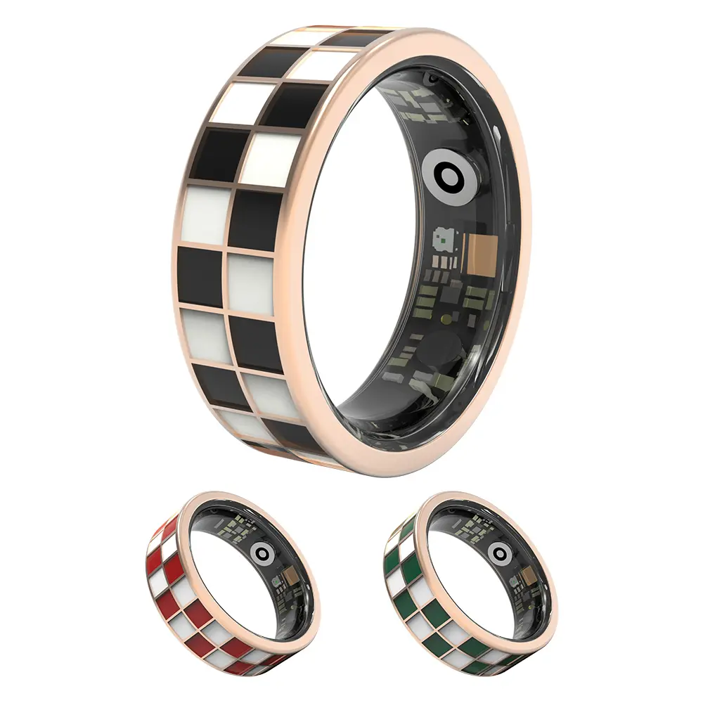 Vintage Checkerboard Design Health Tracking Ring, Suitable for Both Men and Women, 5ATM Waterproof, Activity/Sleep/Temperature Monitoring, Family Care Mode, Compatible with Android and iOS.
