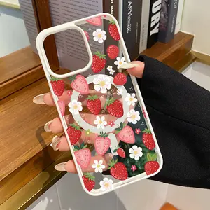 Strawberry Daisy Pattern Magnetic Phone Case Supports Wireless Charging for iPhone 17 15 16 14 Pro Max 13 12 11 XR XS Air Plus E Shockproof Non Slip Protection Silicone Transparent Acrylic Cover Cellphone Protective