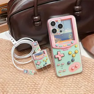 5 Piece Set Transparent Colorful Game Machine Phone Case, Charger Head Cover, Cable Protector, Storage Rope, Anti-Drop Tpu Case for iPhone