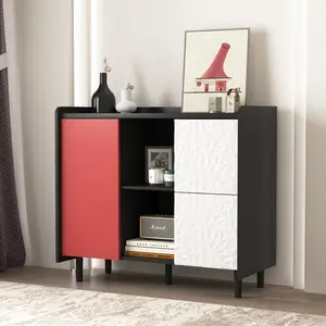 Sideboard Buffet Cabinet, Black Storage Cabinet with Red Doors , 2 Drawers with unique panel styling and 2 Open Storage Compartment, Modern Coffee Bar Cabinet Accent Cabinet for Kitchen, Dining Room,