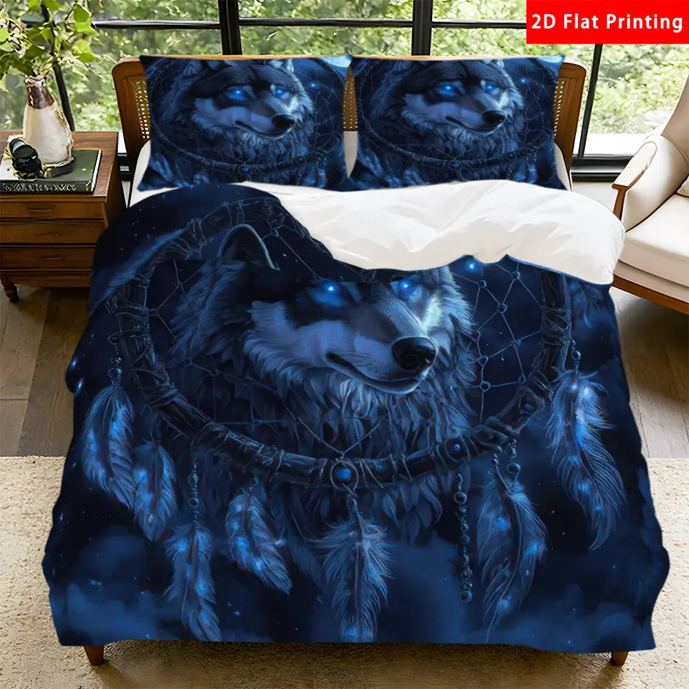 2/3 Pcs 2D Flat Dream Catcher Wolf Duvet Cover Set Dreamy Bedding Set Quilt Cover 1 Duvet Cover + 1/2 Pillowcases Celestial Top Sheet Decorative Bedding Bedroom Decor