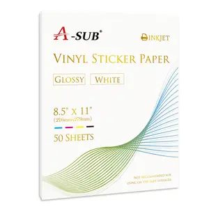 A-SUB Waterproof Glossy Vinyl Sticker Paper for Inkjet Printer 50 Sheets High-Gloss Finish Durable & Inkjet Compatible 8.5 x 11 Inches, DIY Craft Paper
