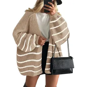 Women’s oversized cardigan sweater, autumn-themed long lantern sleeve sweater with front opening design, lightweight knit women’s top.