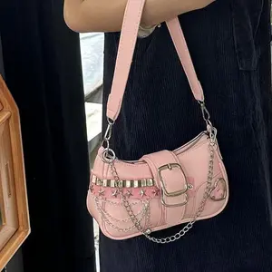 Y2K Gothic Leopard Shoulder Bag for Women, Punk PU Leather Crescent Bag with Chain Charms, Vintage Grunge Aesthetic Underarm Purse Holiday Gift