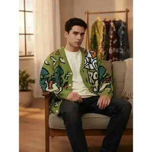 Men's Letter & Dinosaur Print Drop Shoulder Cardigan, Loose Casual Long Sleeve V Neck Button Front Knitwear for Fall & Winter, Men's Knit Clothing for Daily Wear