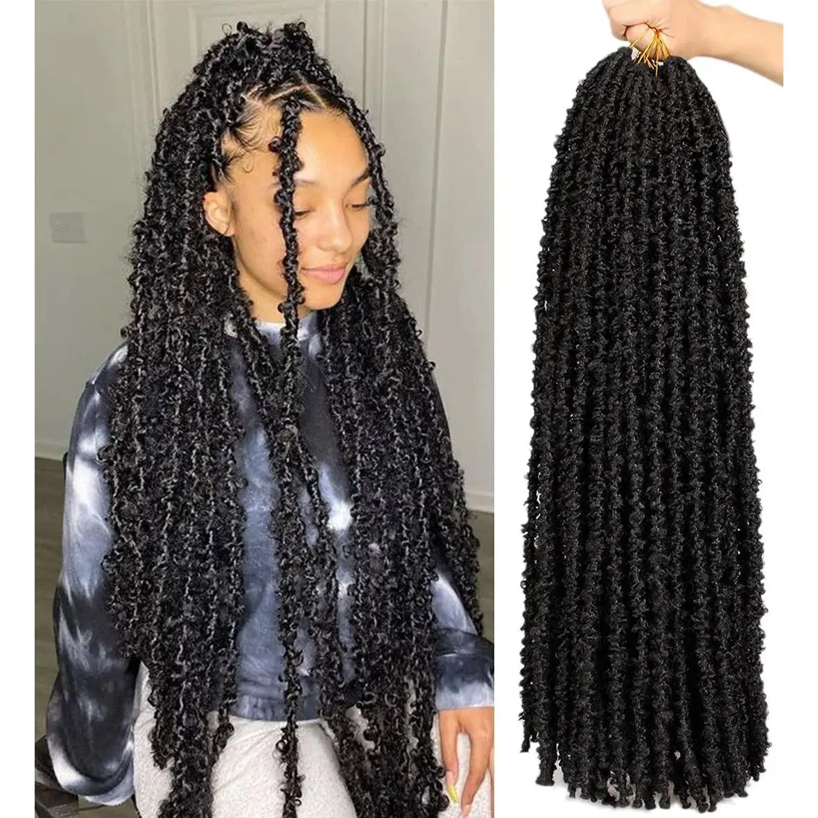 30 Inch Butterfly Locs Crochet Hair Long Distressed Faux Braids Hair Pre-looped Synthetic Crochet 30 In Goddess Locs Hair Extensions (6 Pack 1B#)