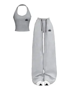 Women's Casual Two-Piece Set, High Stretch Breathable Fabric, Ab Letter Print Halter Top & Wide Leg Pants, Multicolor, Fitness Yoga Streetwear, Fitness Sportswear Set