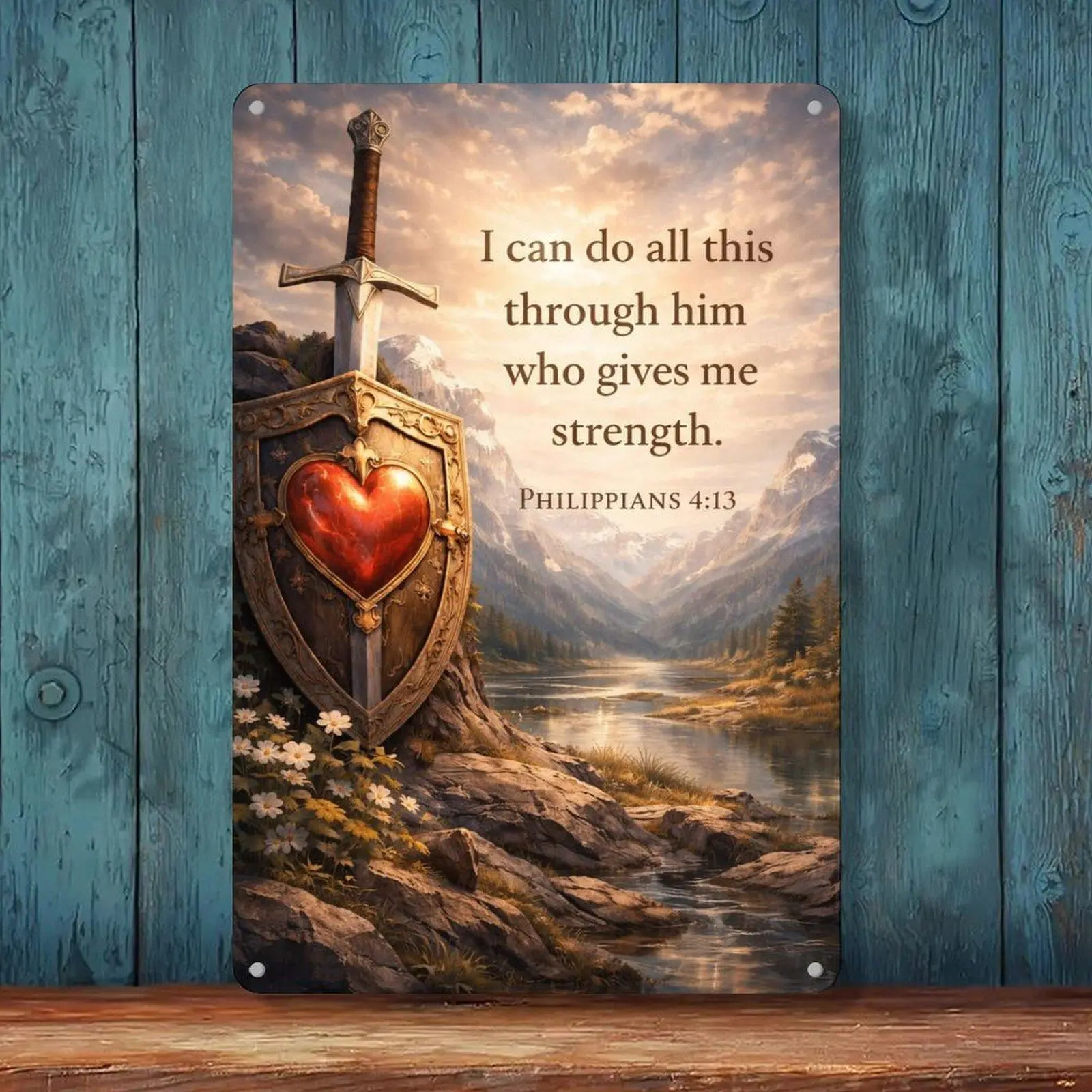 Philippians 4:13 Sword Shield Heart Mountain Bible Verse Vintage Tin Sign 8x12in Strength Faith Wall Decor Metal Tin Sign