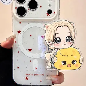 Cute Blonde Cat Boy & Chick MagSafe Phone Grip, Kawaii Cartoon Character Magnetic Pop Socket & Kickstand for iPhone, Pastel Aesthetic Gift