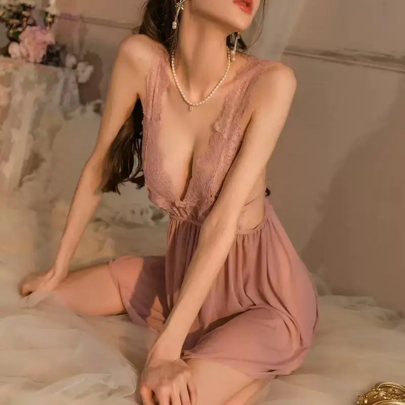 Women’s Dusty Rose Lace Deep V-Neck Sleeveless Sheer Floral Babydoll Nightdress with Flowy Skirt