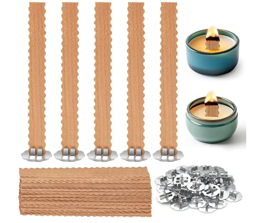 100 Pcs Wooden Candle Wicks, Wave Wood Wicks for Candles Making, Wooden Candle Making Wicks with Stand, Smokeless Wood Wicks with Metal Clips