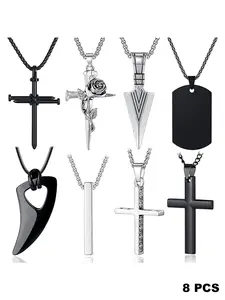 Men's Necklace Set, Stainless Steel Cross Pendant Necklaces, & Silver Color, 16-24 Inch Chains, 8 Piece Jewelry Collection, Cross Charm Necklace