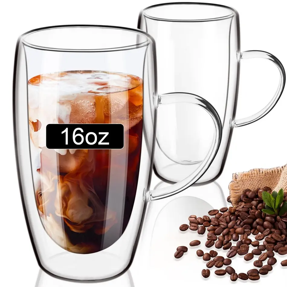 16oz Stylish Double-Wall Insulated Borosilicate Glass Coffee Mugs with Handle, 2-Piece Thermal Cup Set for Hot/Cold Drinks, Clear Kitchen Drinkware