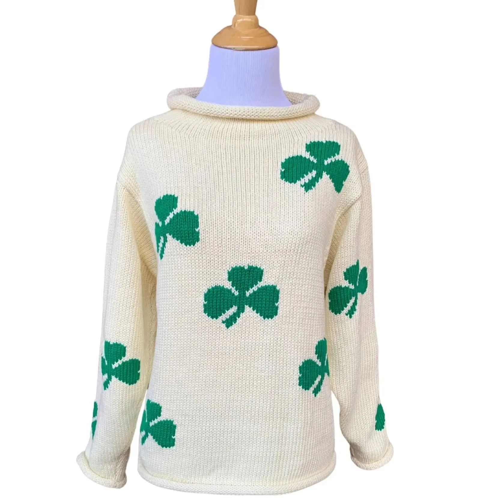 Ladies Ivory All Over Shamrocks Sweater (Classic Fit)