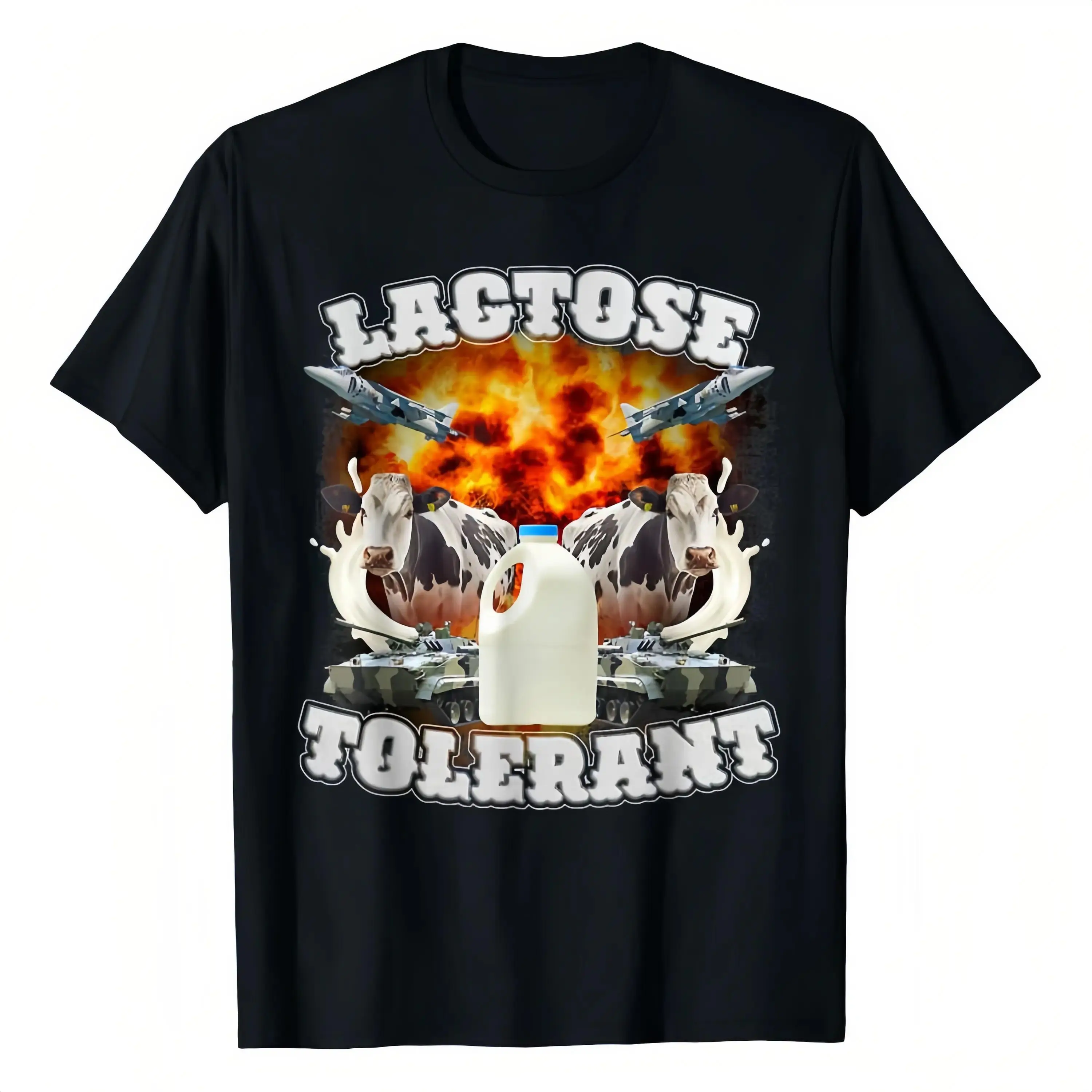 T - shirt with “LACTOSE TOLERANT” graphic of cows, milk & explosions, for humor lovers.