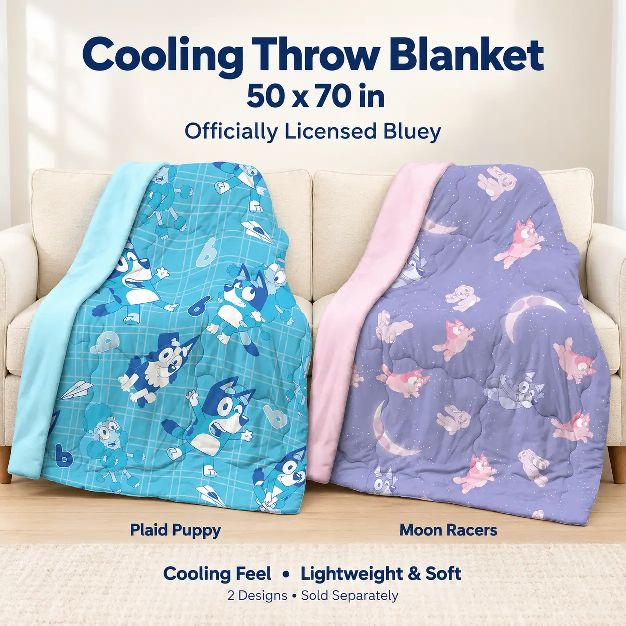 【Stock Up】The Northwest Group Bluey Cooling Throw Blanket, 50x70 in, Plaid Puppy or Moon Racers Design, Lightweight Soft Kids’ Blanket for Bed, Sofa, Bed Sofa Use
