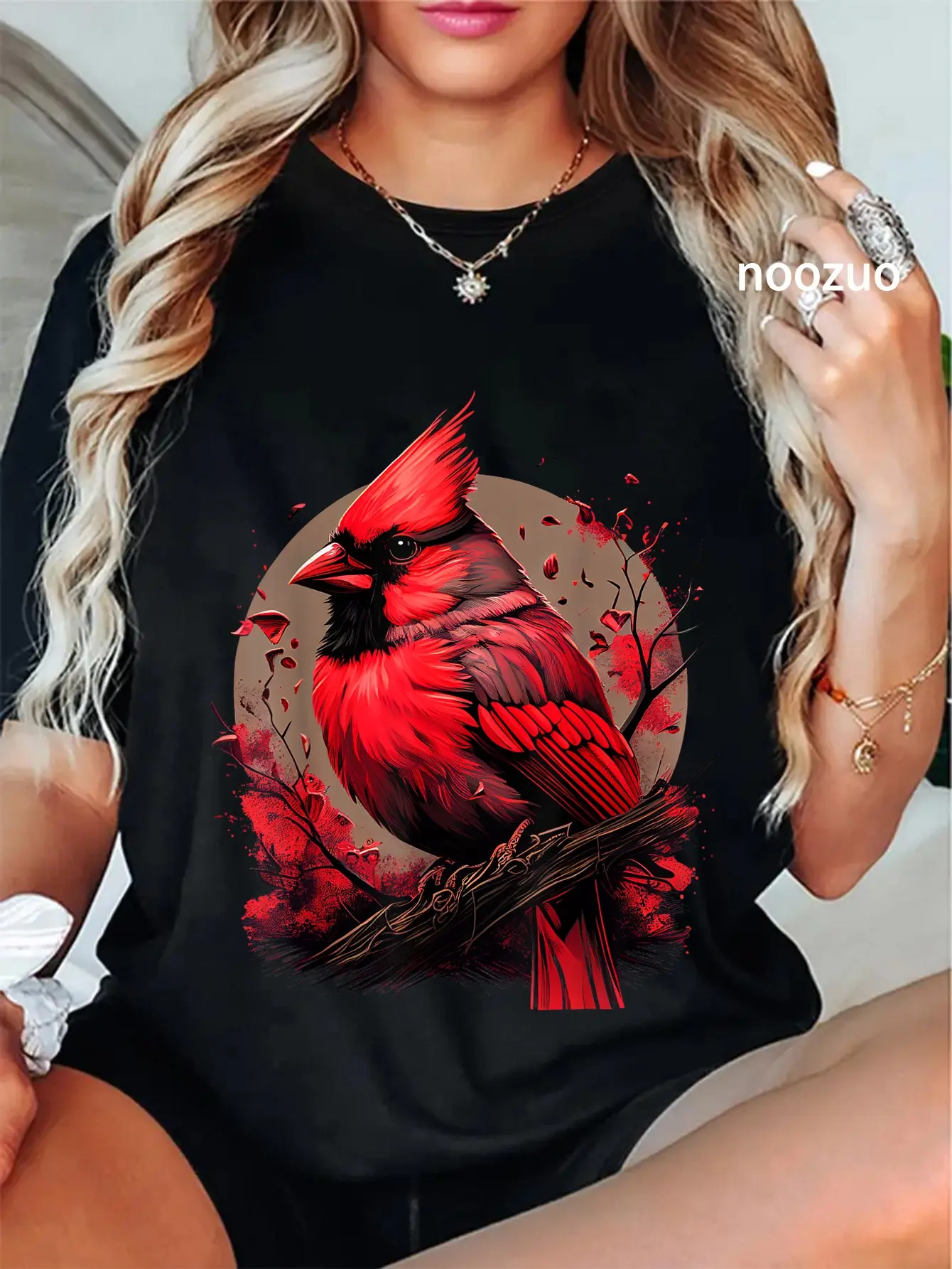 Lady's 100% Cotton Short-Sleeve Round Neck Cardinal Bird Graphic Printed T-Shirt, Casual Everyday Streetwear Women's Top, Shortsleeve, Vintage, Tshirt, Digital Print