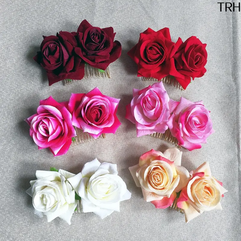 Velvet Rose Flower Hair Comb For Women, Bridal Updo Floral Hair Clip, Double Artificial Rose Wedding Hair Accessory, Vintage Romantic Multi Color Floral Side Comb For Prom Photoshoot Party