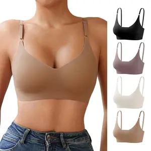 Women's V-Neck Bralette-Seamless Padded Adjustable Straps Breathable Lightweight Everyday Sleeping Bra Multi-Pack