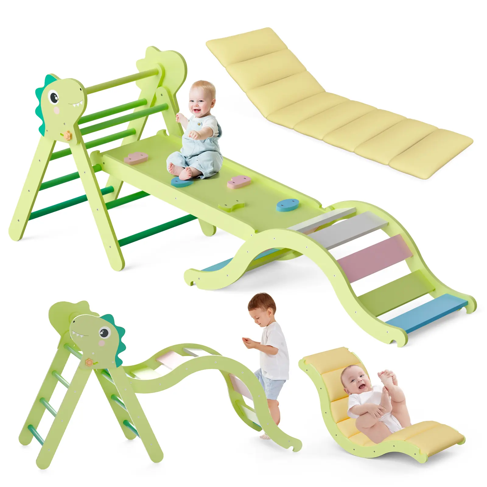 Pikler Triangle Set with Cushion 9 in 1, Climbing Toys for Toddlers Inside, Foldable Wooden Climbing Toys Indoor Jungle Gym Montessori Climbing Set for Toddler 1-3 in Home and Daycare Playroom