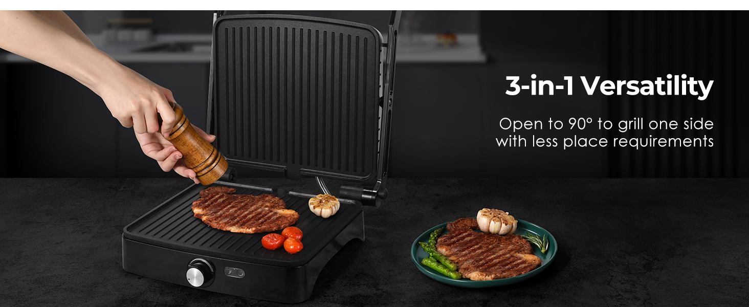 OSTBA Panini Press Grill with Adjustable Temperature 4-Slice Indoor Grill 180° Open Sandwich Maker Non-Stick Plates Stainless Steel 1200W Cast Aluminum Panini Press