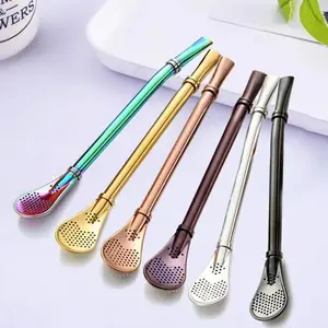 1pc Colorful 304 Stainless Steel Tea Drinking Straws Spoon Yerba Mate Tea Filter Reusable Bombilla Gourd Tea Tools Bar Accessories Beverage Utensil