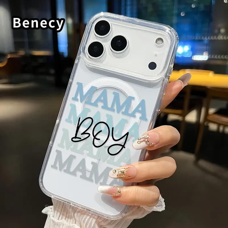 Magnetic Phone case for iPhone 17 16  Pro Max Plus 15 14 13 12 11 Air E Mama Boy Tribute Pattern Non-Yellowing Shockproof Soft Silicone Transparent Acrylic Large Hole Cover Supports Wireless Charging
