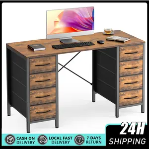 47-Inch Brown Wooden Top Computer Desk - X-Shaped Reinforced Structure, 8 Fabric Drawers, Study Table, Gaming Desk, Home Office Storage Solution for Writing
