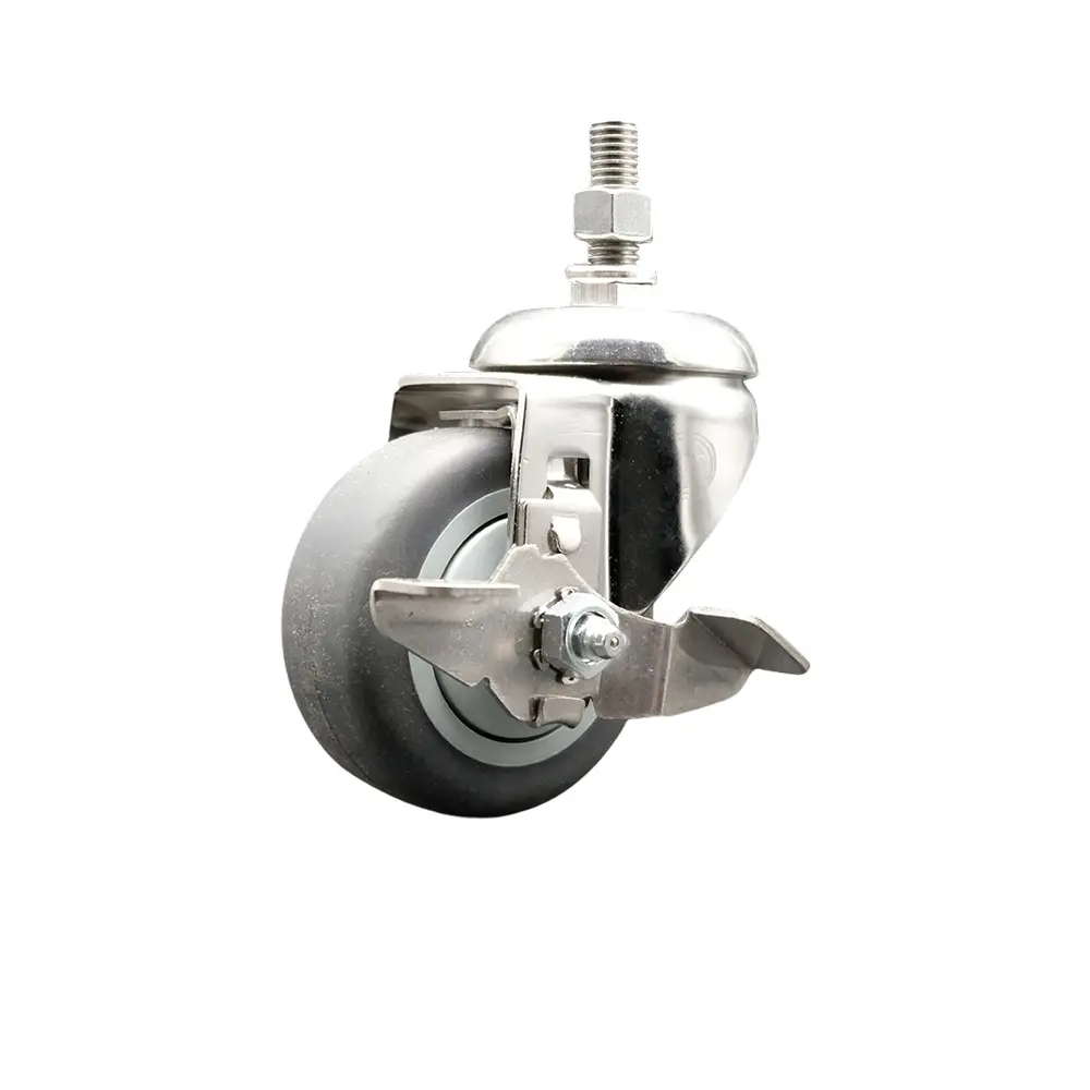 Service Caster SCC-SS316TS20S3514-TPRB-TLB-M1215 Thermoplastic Rubber Swivel Stem Caster with 3.5 in. Gray Caster Wheel & Top Lock Brake - 12 mm Metric Threaded Stem - 316 Stainless Steel Caster