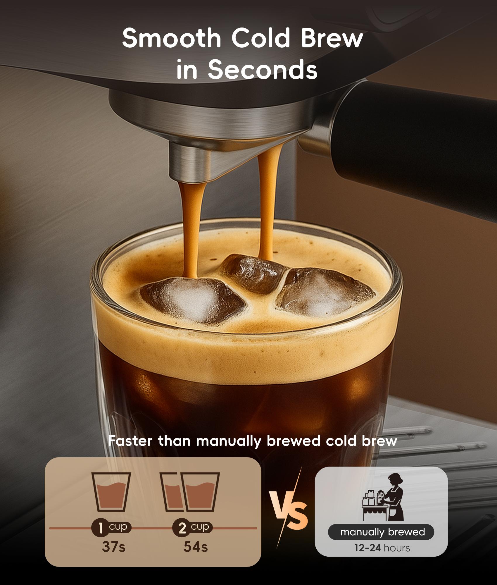 [Mother&rsquo;s Day] ecozy 4-in-1 Espresso Machine  LED Touch Screen, 20 Bar Pump - Home Coffee Bar, Drip Coffee, Cold Brew and Over lce Machine, Intergrated Milk Frother, Stainless Steel, Brezzano Elite Series for Cappuccinos, Lattes, Americanos