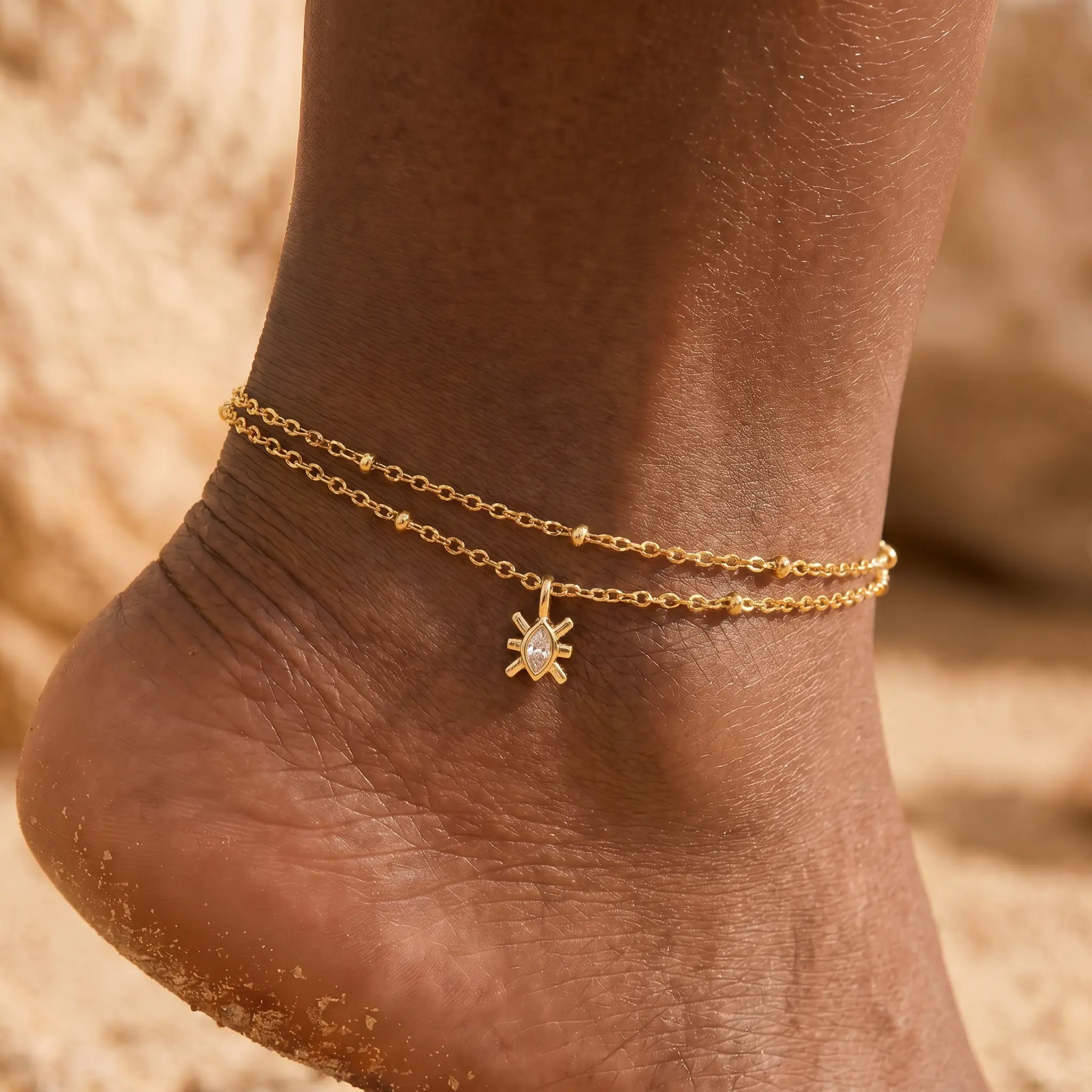 Mytys Zodiac Waterproof Double Layer Anklet For Women Gold Tone Astrological Sign Hypoallergenic Dainty CZ Pendant Anklet Personalized Summer Trendy Stackable Jewelry Gift For Her