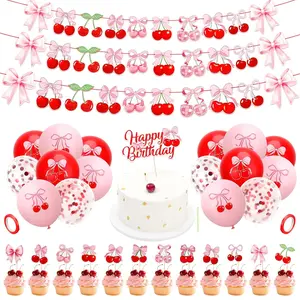 32-Piece Cherry-Themed Party Set Balloons, Cake Topper & Banner for Birthdays & Showers