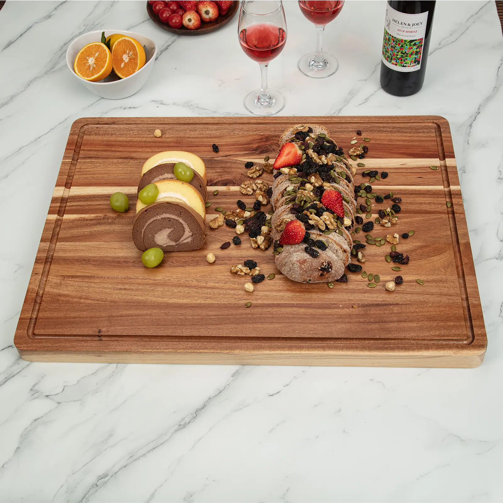 Large Acacia Wooden Food-Safe Chopping Board - Reversible, Knife-Friendly Large Block Chopping Board with Deep Grooves, Durable Butcher Block with Handles for Meat, Veggies, Knives, Food-Safe Chopping Boards