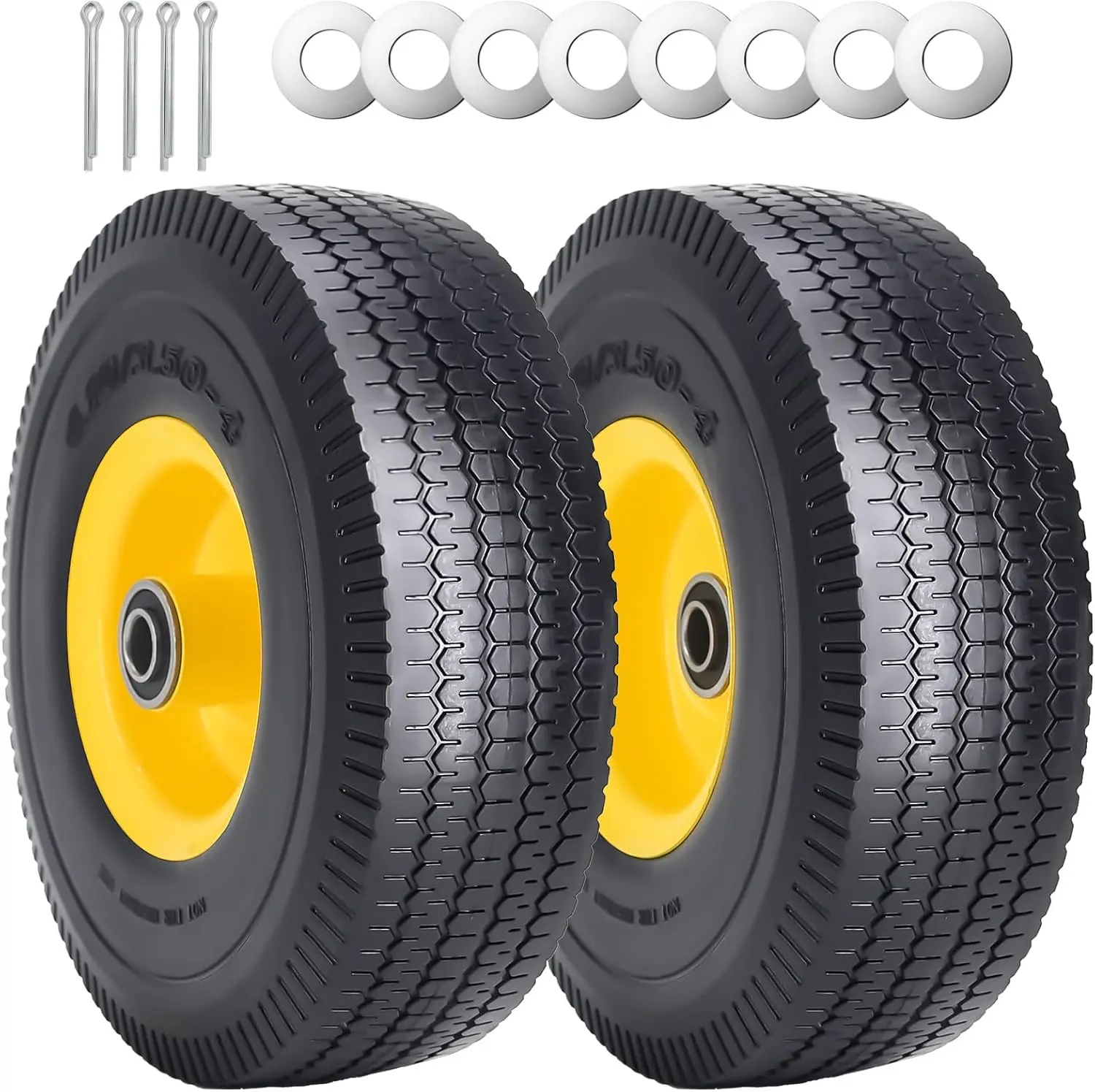 2Pack 10 x 4.10/3.50-4" Solid PU Run-Flat Tire Wheel with 5/8"Axle Bore Hole 2.24" Offset Hub Double-Sealed Ball Bearings for Wagons Wheelbarrows Hand