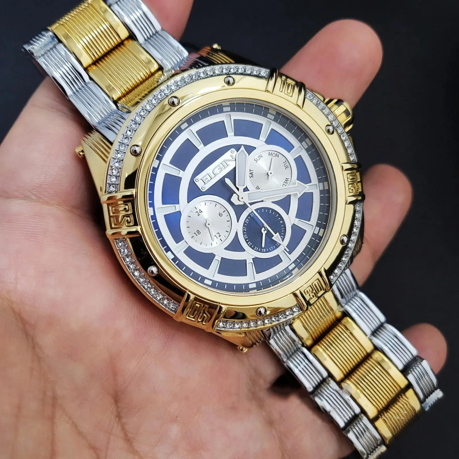 Elgin Men's Luxury 2-Tone Stainless Steel Quartz Watch - Blue Dial with Simulated Diamond Bezel and 3 Functional Dials, Stainless Steel Watches, Round Dial