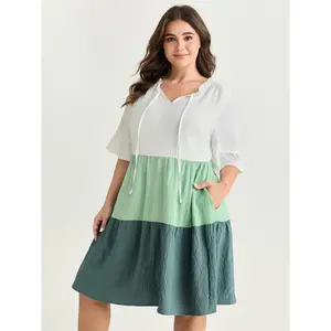 BLOOMCHIC Women's Plus Size Polyester Fabric Colorblock Dress - Light