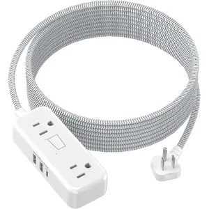 Flat Plug Extension Cord 20 FT with 4 AC Outlets 3 USB Ports (5V/3.4A 17W), 20Ft Long Braided Cord for  Office College Dorm