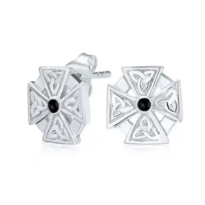 Unisex Black Stone Masonic Knight Templar Cross Stud Earrings in Sterling Silver