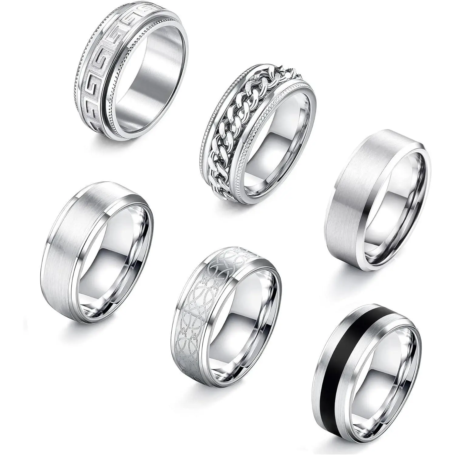 Cassieca  6 Count Mens Rings 316L Stainless Steel Rings for Men Women Rings Vintage Mens Thumb Rings Engagement Rings Wedding Band Fidget Mens Ring Set Daily Men's Accessories, Luxury