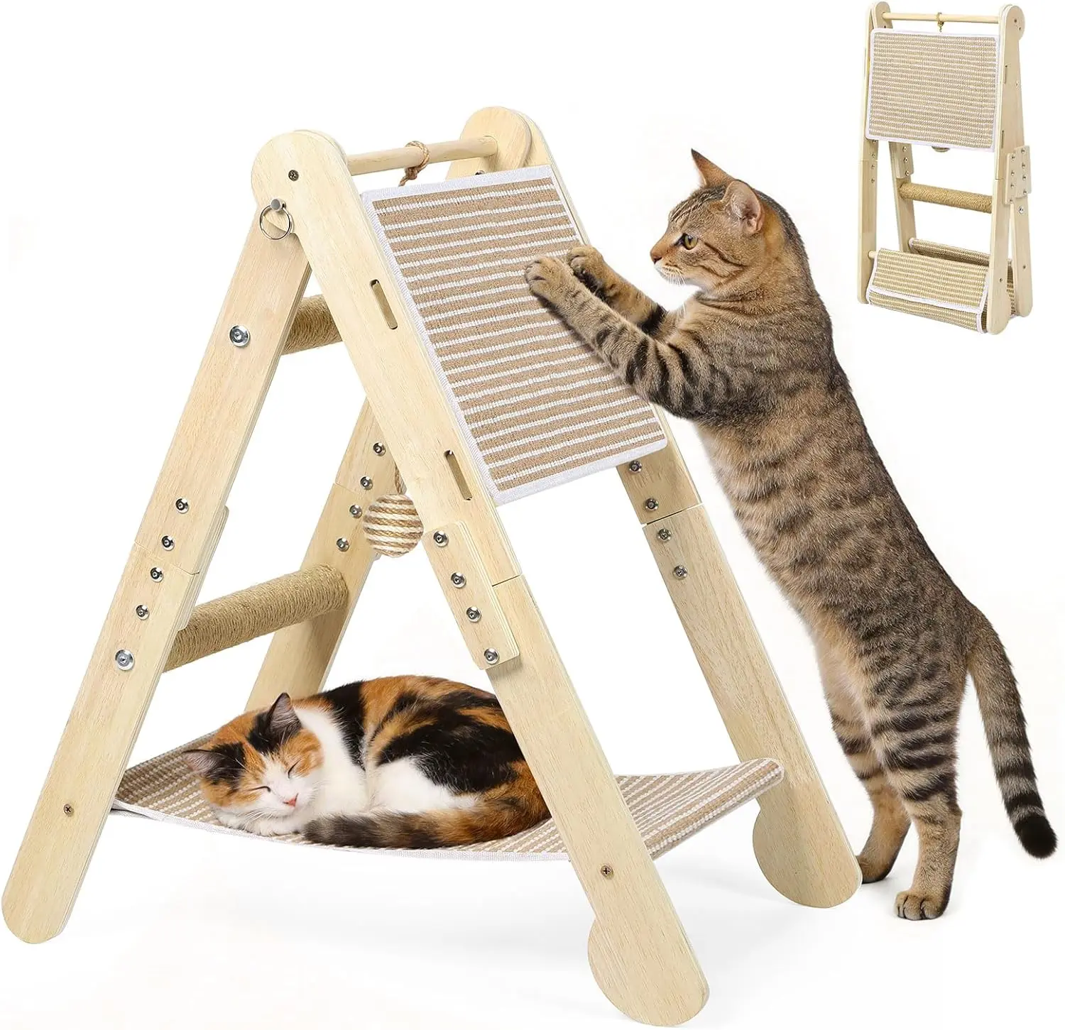 -in- Cat Scratcher Triangular Cat Scratcher for Indoor Cats & Kittens, Vertical Scratch Board with Jute Bed, Climbing Ramp and Hanging Ball Toy, Foldable Interactive Scratching Post