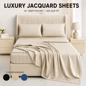 【Summer Wins】CANSUNCH Premium 4-Piece Satin Jacquard Bedding Set - Flat Bed Sheet, 16-in Extra Deep Pocket Fitted Sheet, 2 Pillowcases - Twin, Queen, King Sizes, Bedding Sets, Satin Bed Sheets