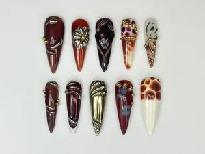 AuréNails – Autumn Luxe Press On Nails | Dark Red & Metallic Gold Nail Art | Handmade Gothic Glam Nails | Long Stiletto Nail | Luxury Fall Vibe – AN03