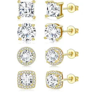 Aprilery 4 Pairs Stud Earrings Set Gold Tone Sparkling Clear CZ Square Round Halo Cushion Cut Multi Piercing Jewelry Gift for Women Girls Daily Wear Accessories