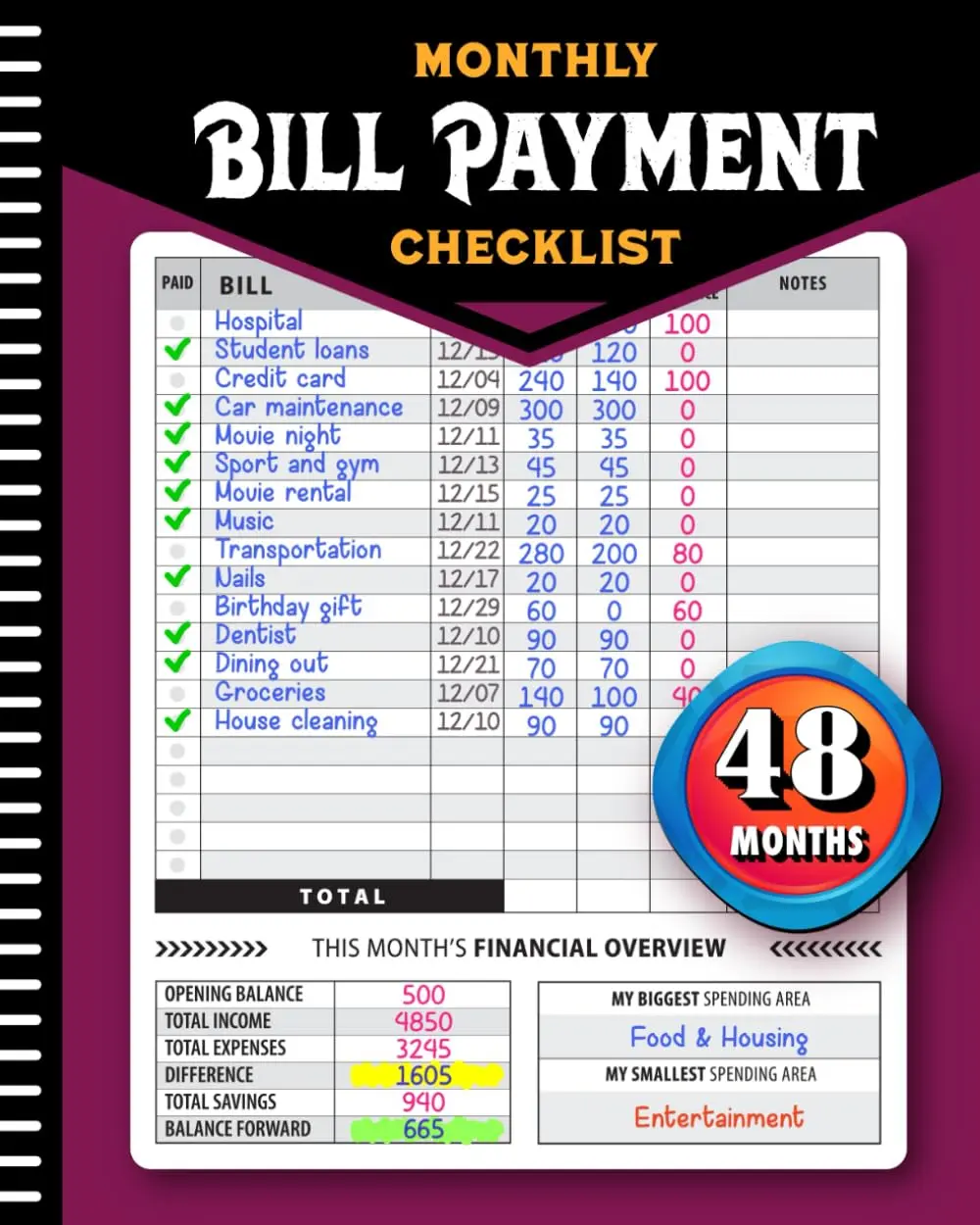 Monthly Bill Payment Checklist: Bill Tracker Notebook, The 4-Year Guide for Families & Money Managers, 960 Billing Records Included! Paperback