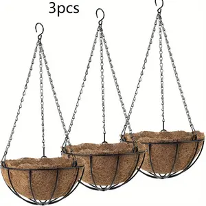 Hanging Planters Basket Set Of 3 Hanging+ Chain Round Wire Plant Holder And 10inch With Coconut Padding, Perfect For Indoor And Outdoor Garden, Porch, And Balcony Decoration