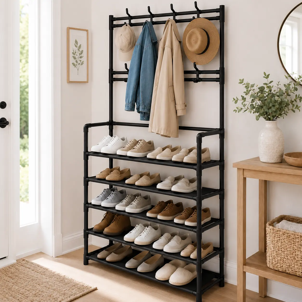 5-Tier Freestanding Shoe Rack with 2 Rows of Coat Hooks, Entryway Home Organizer for Shoes, Coats, Hats, Bags, Space-Saving Storage shelf