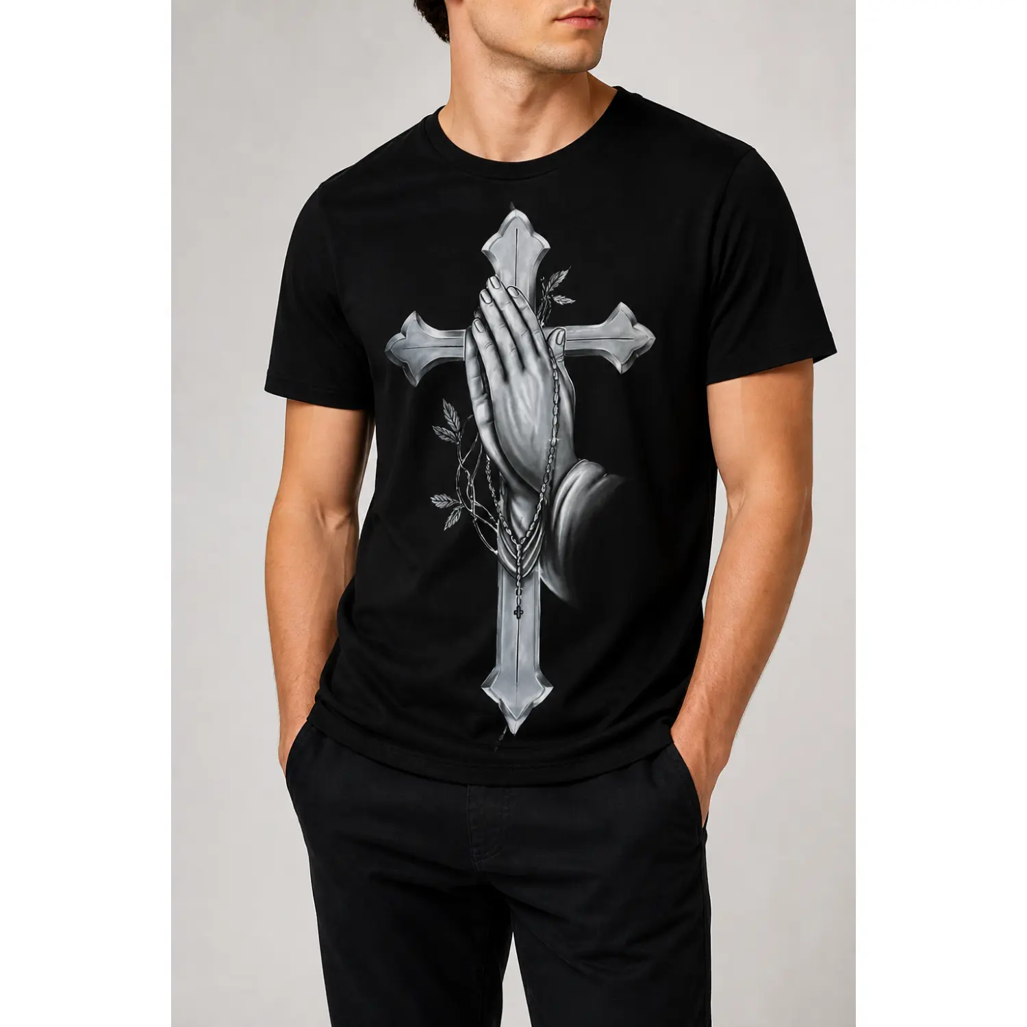 Men's Black Sports Crew Neck T-Shirt with Cross and Prayer Hand Design - 100% Cotton Stretch Fabric, Short Sleeve Gym and Fitness Top